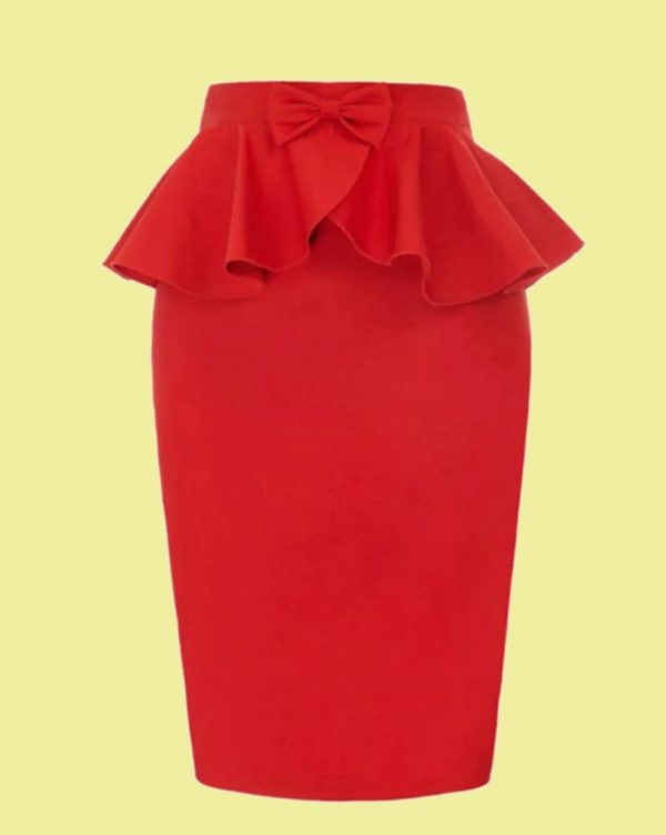 FALDA DE TUBO ROJA PEPLUM Y LAZO