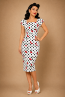 VESTIDO PINUP BLANCO TOPOS Y CEREZAS