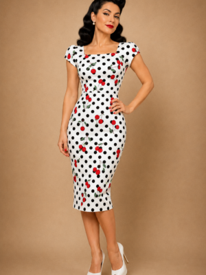 VESTIDO PINUP BLANCO TOPOS Y CEREZAS