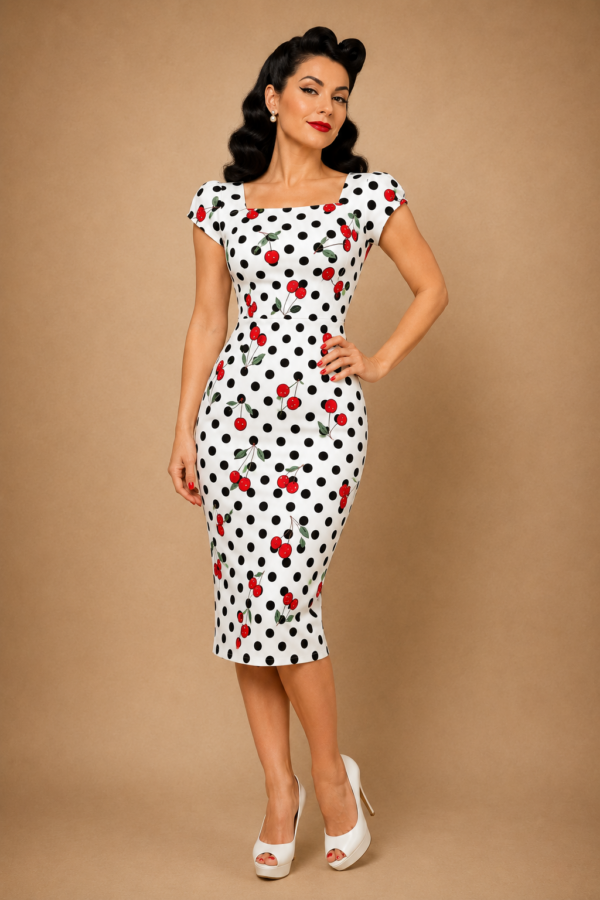 VESTIDO PINUP BLANCO TOPOS Y CEREZAS