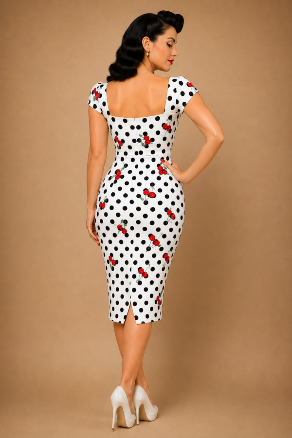 VESTIDO PINUP BLANCO TOPOS Y CEREZAS