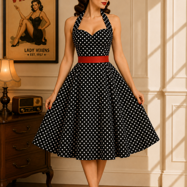 VESTIDO PIN UP VUELO CUELLO HALTER NEGROLUNARES