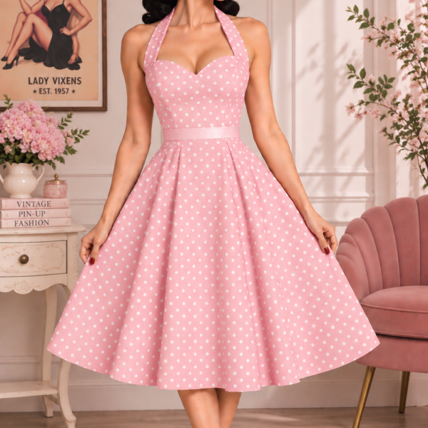 Vestido pin up rosa lunares cuello halter