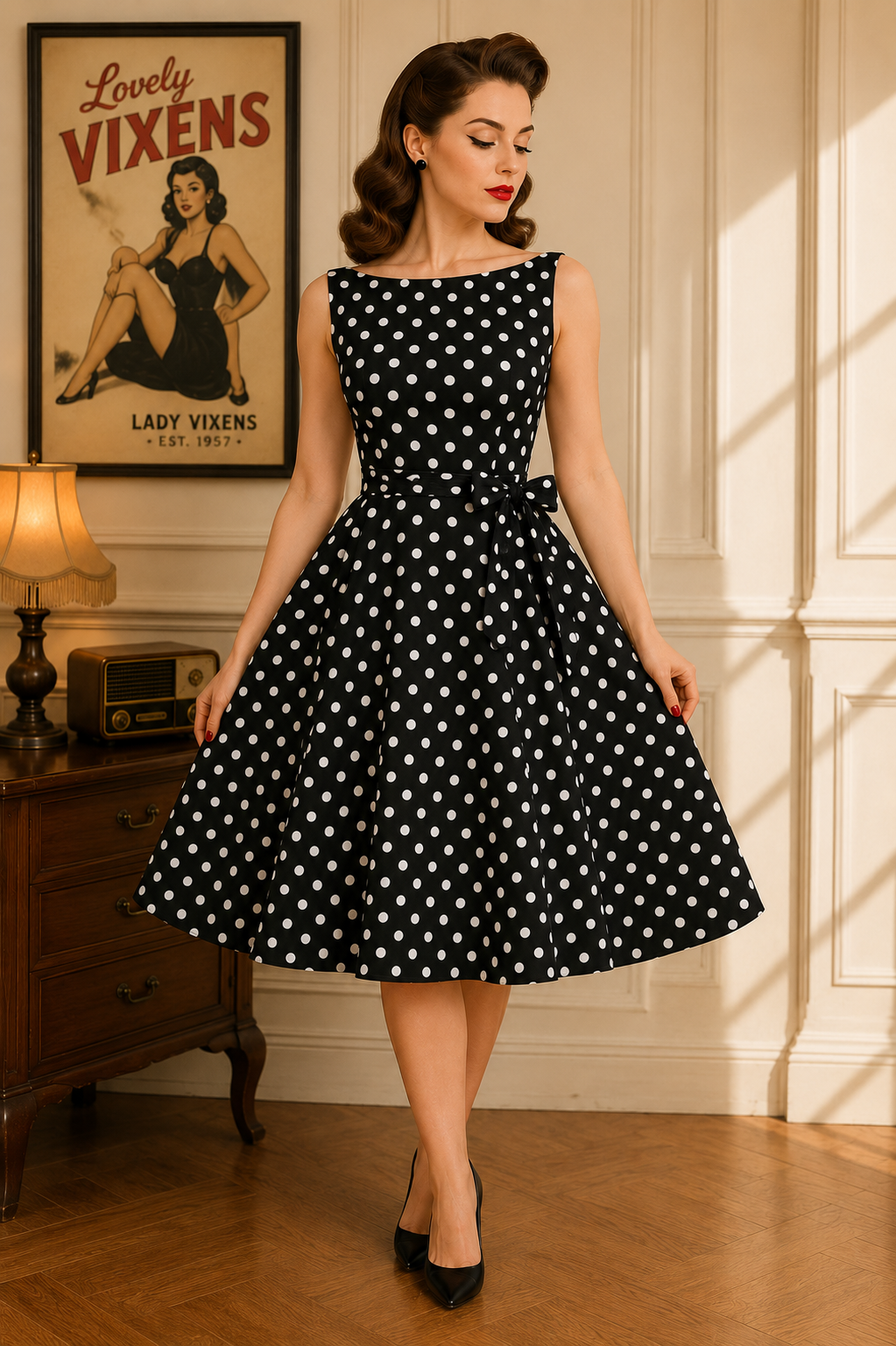 VESTIDO PIN UP VUELO NEGRO LUNARES