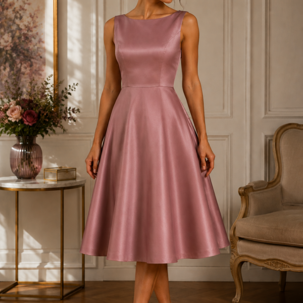 VESTIDO PIN UP ROSA SATINADO CON VUELO