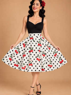 FALDA PINUP TOPOS Y CEREZAS BLANCA