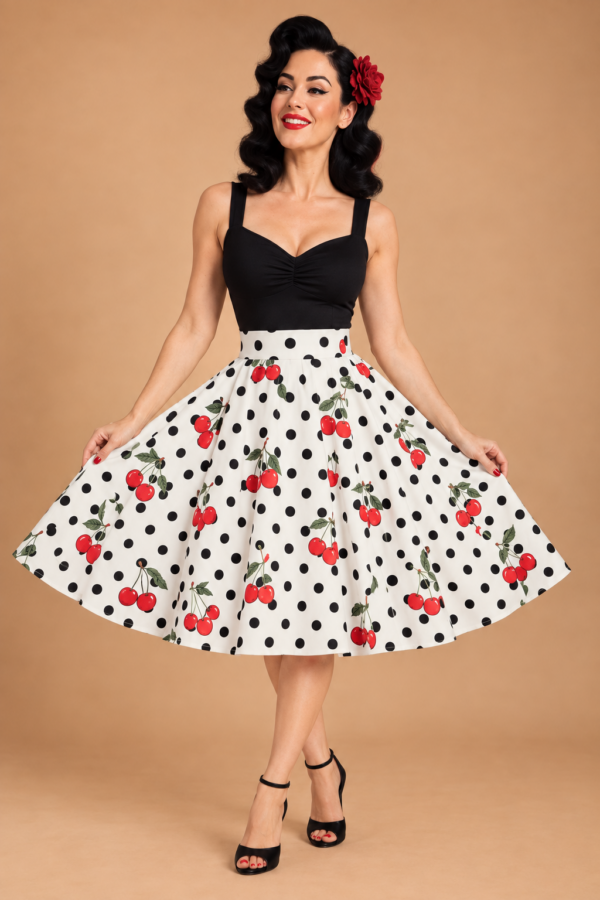 FALDA PINUP TOPOS Y CEREZAS BLANCA