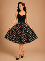 FALDA PINUP TOPOS Y CEREZAS NEGRA