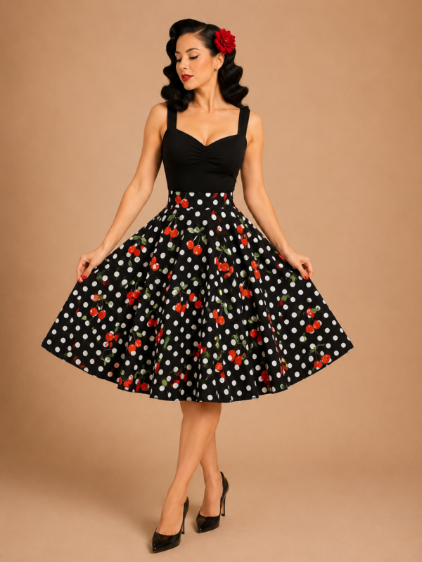 FALDA PINUP TOPOS Y CEREZAS NEGRA