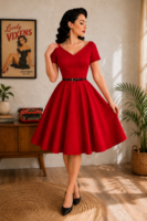 VESTIDO PINUP ROJO MANGA CORTA