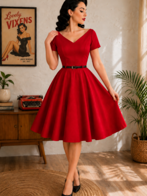 VESTIDO PINUP ROJO MANGA CORTA