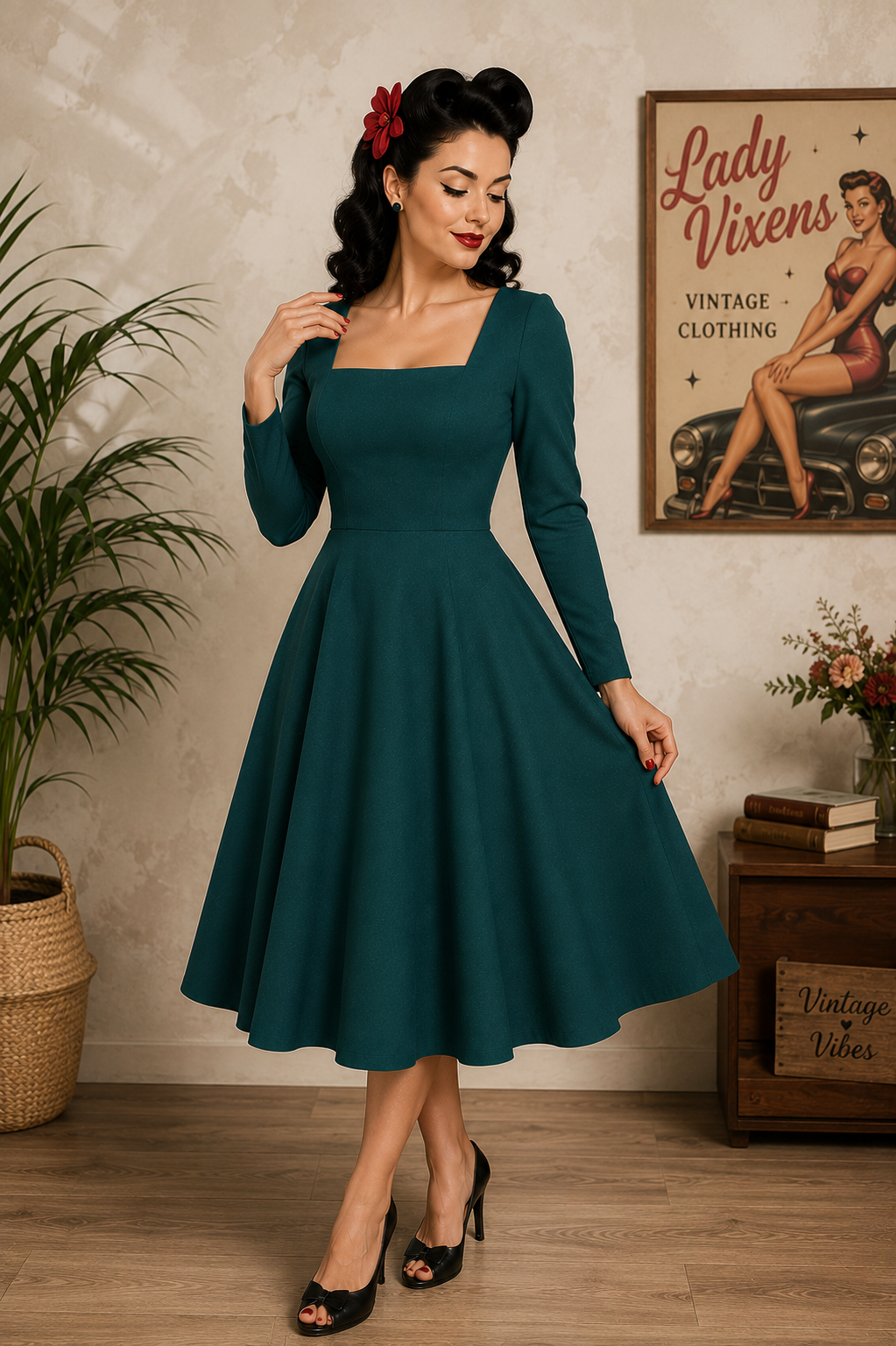 VESTIDO PIN UP VUELO ESCOTE CUADRADO